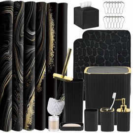 Bathroom Accessory Set with Shower Curtain and Rugs 23Pcs, Black Bathroom Set - Trash Can, Soap Dispenser, Soap Dish, Toilet Brush, Toothbrush Holder, Toothbrush Cup, Tissue Box, Q-tip Holders