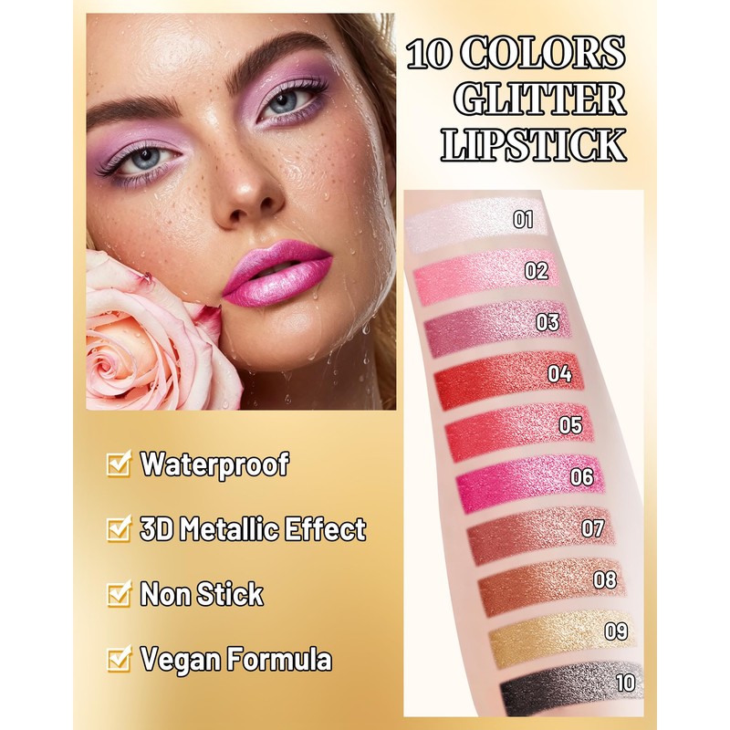 Rose Pink Glitter Lipstick for Women, Metallic Shimmer Frosted Lip