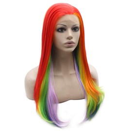 Mxangel Long Straight Colorful Rainbow Ombre Heat Friendly Fiber Lace front Cosplay Party Wig