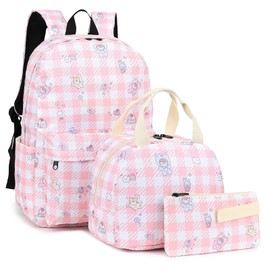 Dezcrab Kids Backpack for Girls, Teens School Bags Bookbags Set with Lunch Bag Pencil Case (Cute Checkered Pink)