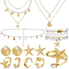 22 Pcs Beach Jewelry Set for Women Gold Starfish Seashell Earrings Rings Anklet Boho Layer Charm Necklace Mermaid Pearl Waist Chain Gold Arm Cuff for Summer Beach Vacation Bikini Jewelry Accessories