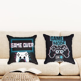Ulticool - Cushion Cover - Game On Off Controller Monitor Gaming - Set of 2 Designs - 45 cm x 45 cm - Decorative Cushion without Filling - Cushion Cover Accessories for Sofa/Bed - Black Blue Turquoise