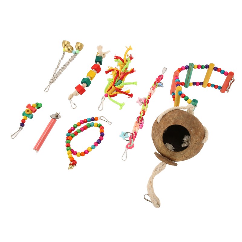 8pcs Parrot Toys Adjustable Coconut Shell Ladder Hanging Toys Interactive