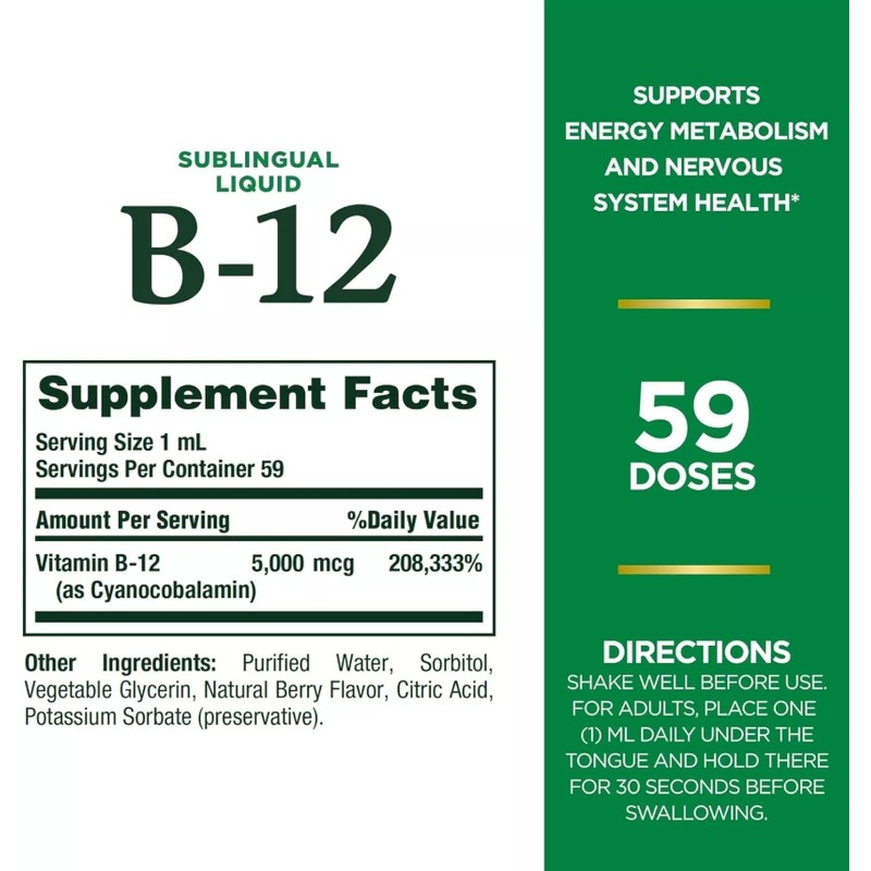 Liquid B-12 5000 mcg Sublingual B12 Energy Metabolism Support Expiry