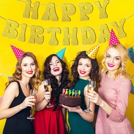 Happy Birthday Banner, Silver Glitter Bunting Party Decoration Hanging Backdrop for Girls & Women - Wall Party Supplies Backyard Decor Flag Sign