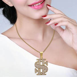CZ Fully Dollar Sign Pendant Punk Rock Stainless Steel Necklace, 24 inch Chain Hip Hop One Hundred Dollar Bill Money Jewelry Gift, Stainless Steel, Cubic Zirconia