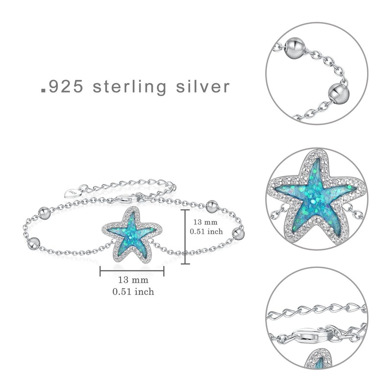 SCZKLAQ Starfish Bracelet 925 Sterling Silver Beach Jewelry for Women