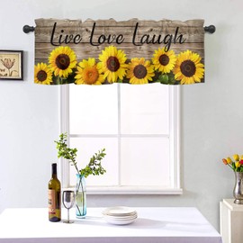 Sunflower Short Window Valance Curtains, Live Love Laugh Quoted Bronze Vintage Wooden Barn Print, Window Treatment Valances for Kitchen Bathroom Living Room Cafe Decor with Rod Pocket, 54 x 18 in