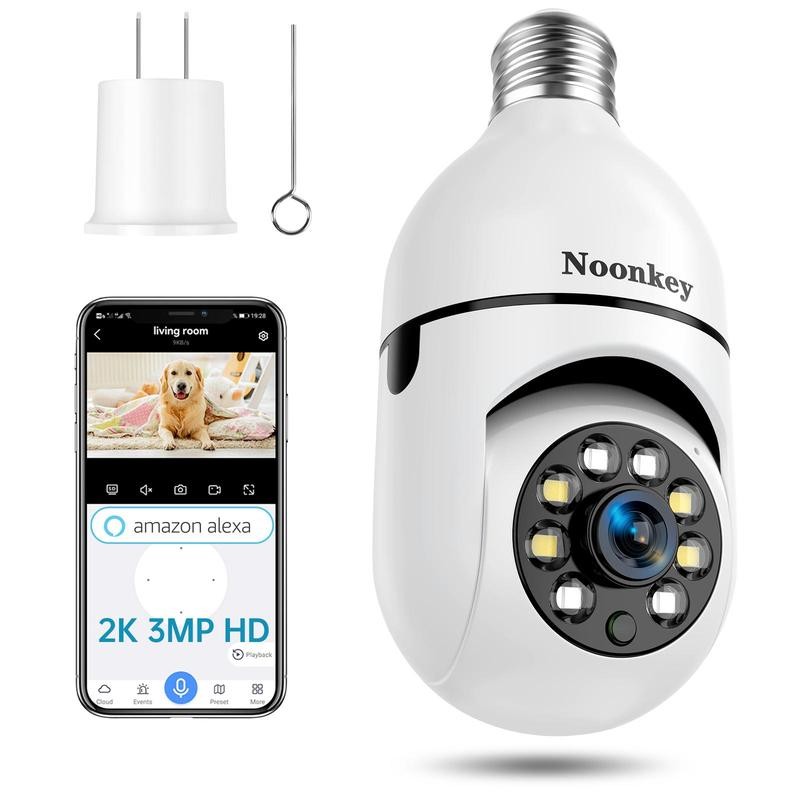 Noonkey 2K/3MP Light Bulb Security Camera, Wireless Indoor/Outdoor, 2.4/5GHz, Full-Color