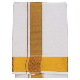 Kolakeer™ Men's Cotton Dhoti with Elegant Kasavu Zari Border - 1.8 Mtrs/4 Mulam/Single Layer South Indian Veshti Mundu (White, 100K Gold Zari), White, 100K Gold Zari