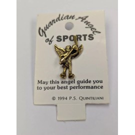 N/A Hockey Guardian Angel Holding Stick Lapel Pin Brooch Gold Tone Vintage