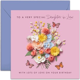 Old English Co. Special Daughter-in-law Birthday Card for Her - Pink Flower Butterfly Artwork Birthday Card - Cute Daughter-in-law Birthday Card | Blank Inside Envelope