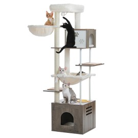 PAWZ Road Large Cat Tree with Food Station, 74.8 Inches Wooden Cat Tower with Extra Large Condos and Hammocks,Spacious Perch,Sisal and Steel Posts, Scratching Mat for Indoor Large Cats-Gray