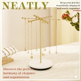 SINGBLA Necklace Holder Organizer, Solid Wood Base Necklace Display Stand with 48 Jewelry Holder Hooks, Rotating Necklace Organizer Stand Display Long Necklaces Keychain Bracelet for Selling