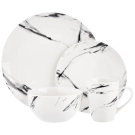 American Atelier Marble Black Coup Casual Round Porcelain Dinnerware Set-16 Piece Party Collection w/ 4 Dinner Salad Plates, 4 Bowls & 4 Mugs, 10.5", White