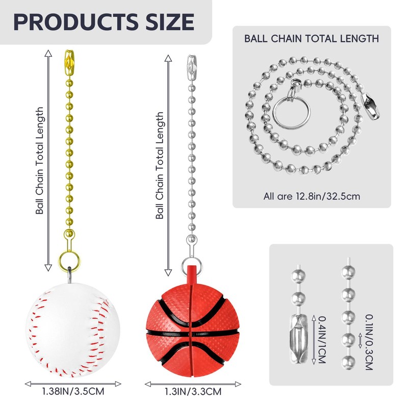 SHIFANQI Ceiling Fan Pull Chain, 2 Pack Basketball & Baseball