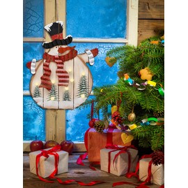 Morning View Christmas Wooden Snowman Sign, LED Light Snowman Ornament Hanging Sign, Farmhouse Rustic Decorations, Xmas Holiday Decoration for Door Wall Fireplace 16.5x13.25inch (Red)