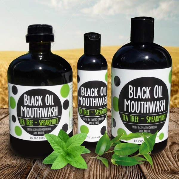 Black Oil Mouthwash for Oil Pulling w/Powerful Xylitol & Activated Charcoal, Sweet Tea Tree & Spearmint Flavor,16 oz.