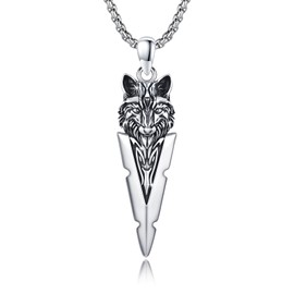 YueYuan Wolf Arrowhead Necklace 925 Sterling Silver Wolf Arrow Pendant Spearhead Protection Amulet Animal Jewelry Gifts for Men Husband Father Son