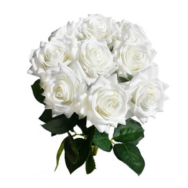 Mandy's Artificial Real-Touch 17" White Silk Roses Flowers for Home Decoration Bridal Wedding Bouquet and Parties (Vase not Include)