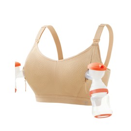 Pumping Bra Hands Free Zip Opening Design Seamless Nursing Bras for Breastfeeding High Support Nursing & Pumping Bra in One Nude L