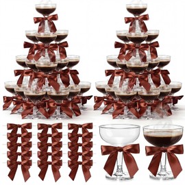 100 Set Plastic Champagne Tower Glasses 5 oz Coupe Cocktail Cups with Brown Satin Bows, Disposable Martini Glasses for Espresso Martini Party, Wedding, Bridal Shower, Birthday, Bachelorette