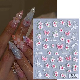 1 Sheets Embossed Flower Nail Stickers for Nail Art 5D Self Adhesive Butterfly Nail Art Stickers Spring Summer Pink Floral Butterflies Design Nail Decals Nail Supplies for Women Girl Manicure Decor