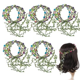 30 PCs Assorted Colored Flower Crown Wreath Headbands, Floral Garland Headband with Green Leaves for Wedding Holiday Festival Fairy Party