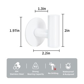 Vuzvuv Adhesive Hooks White SUS304 Stainless Steel - Self Adhesive Heavy Duty Waterproof Wall Hooks for Towel, Coat, Robe in Bathrooms Kitchen Hotel (2-Pack)