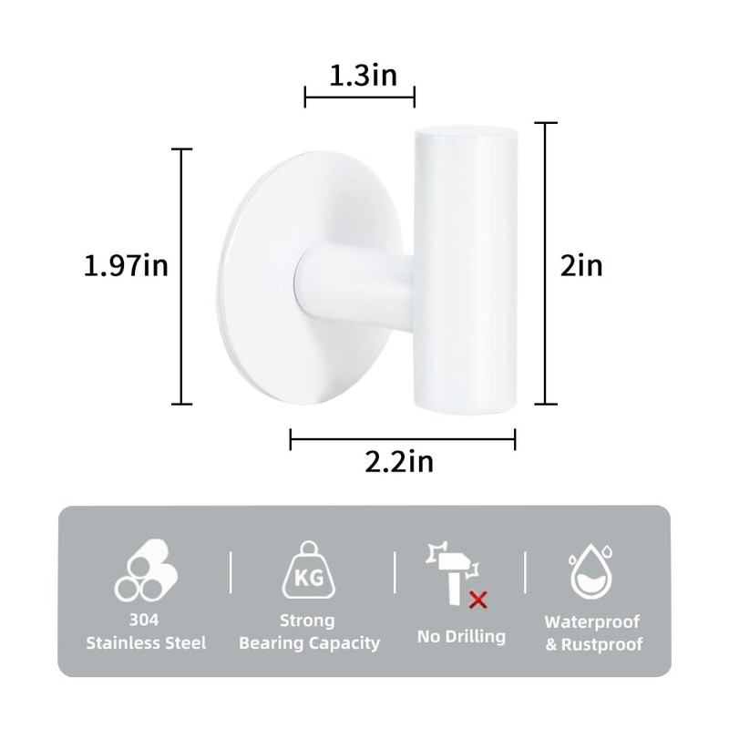Vuzvuv Adhesive Hooks White SUS304 Stainless Steel - Self Adhesive