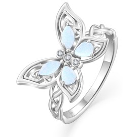 YL White Opal Celtic Knot Butterfly Ring for Women, Solid 925 Sterling Silver 18K White Gold Plated Created Birthstone Jewelry Gifts Size 8