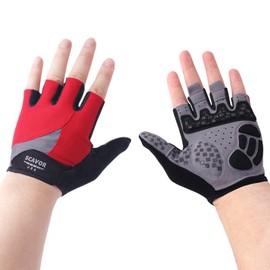 SCAVOR Padded Fingerless Mountain Biking Mesh Gloves - for Men Women Boys with Full Thumb Half Finger - Pefect for Bike Fishing Cycling Wheelchair Use (New Red, Large)