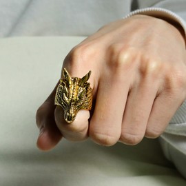 18K Gold Plated Chunky Thumb Ring, Retro Spiritual Animal Jewelry Masculine Dragon Head Signet Ring for Men, Size 10
