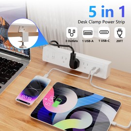 Desk Clamp Power Strip with 6FT Extension Cord, PD 30W Fast Charging, Desk Edge Mount Power Strip, 2 AC Outlets+1 Widely Spaced Outlet, 2 USB Ports, 14AWG, ETL Listed, Surge Overload Protection, White