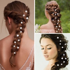 MBAIYO 24Pcs Mini White Flower Hair Clips, Cute Rhinestone Floral Hair Clips Small Flower Pearl Hairpins Wedding Bridal Barrettes Accessories Decorative Hairpins for Women Gifts