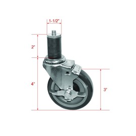 DuraSteel 1-1/2" Expanding Stem Caster with Side Brake for Commercial Kitchen Prep Work Tables - 3" Polyurethane Wheel / 4" Mounting Height , 530LBs, Set of 4