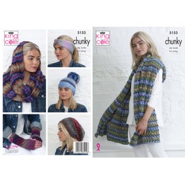 King Cole 5153 Knitting Pattern Wrap Hats Snood Head Band and Hand Warmers in Riot Chunky
