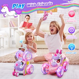 Carsky Unicorn Remote Control Car for Girls,360°Stunt RC Cars Rotation 4WD Remote Cars with LED Lights,Fun Indoor Outdoor Toys for Kids,Chritmas Easter Birthday Gift for 3 4 5 6 Year Old Girl