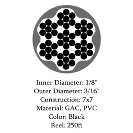 Lexco Cable 187316CCBK 250' Spool of 3/16" Black PVC Coated 1/8" 7x7 Galvaniz...