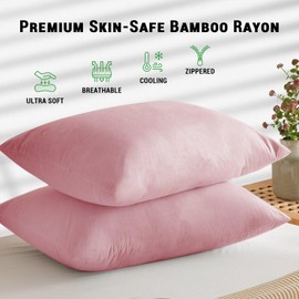 Gogreen Bamboo Rayon Waterproof Pillow Protector, Breathable Pillow Cover, Cooling Pillow Case with Zipper, Super Soft Pillow Case Cover with Zipper (2 Packs, Standard 20"x26", Pink)