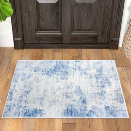 IOHOUZE Small Abstract Area Rug 2x3 Ft Entryway Rug Washable Door Mat Indoor Entrance, Rubber Backed Throw Rug, Printed Faux Wool Non Slip Front Door Rug for Foyer Kitchen, White Blue