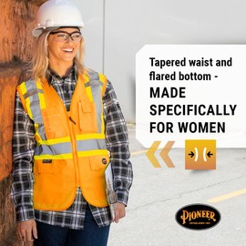 Pioneer Safety Vest for Women with Pockets - Hi-Vis Reflective Tape - for Construction - Orange