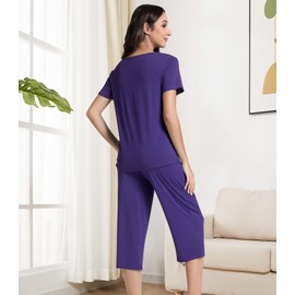 NACHILA Pajamas for Women-Viscose Made from Bamboo, Short Sleeve Sleepwear Soft Capri Pants Pjs Lace V Neck Lounge Sets Deep Purple Small