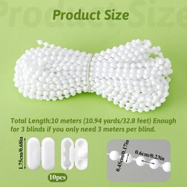 Hariendny 10 Metre Roller Blind Chain Catenine Tapparelle Blind Cord Roller Blind Bead Chain, Blind Replacement Cord for Roller Blinds, Vertical Blind Cord with 10 Bead Chain Connectors (White)