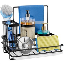 SWTYMIKI Kitchen Sink Caddy- All-in-One Kitchen Sink Organizer Sink Tidy Caddy with Detachable Kitchen Brush and Sponge Holders, Kitchen Sink Tidy Organiser with Drain Tray, Black