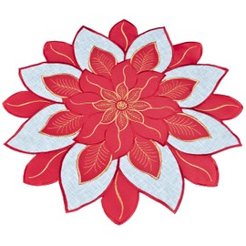 Embroidered Holiday Christmas Red White and Gold Star Poinsettia Doily Placemat Small Table Topper Doily (24 Inch Round)