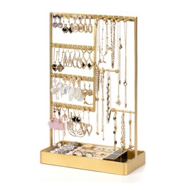 PiQi-Grecge Jewelry Organizer, 4-Tier Earring Organizer with Metal Tray, Jewelry Holder Stand for Necklaces Stud Earrings Bracelets and Rings, Earring Holder (Gold)