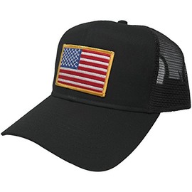 AC Racing USA American Flag Patch Snapback Trucker Mesh Cap - Black, Gold Patch