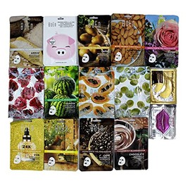 Paquete de15 mascarillas faciales,11 de extracto de fruta, 2 para los ojos y 2 para los labios de colageno                                            