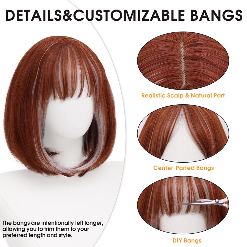 Copper White Bob Wig with Bangs, Short Straight Synthetic Wig